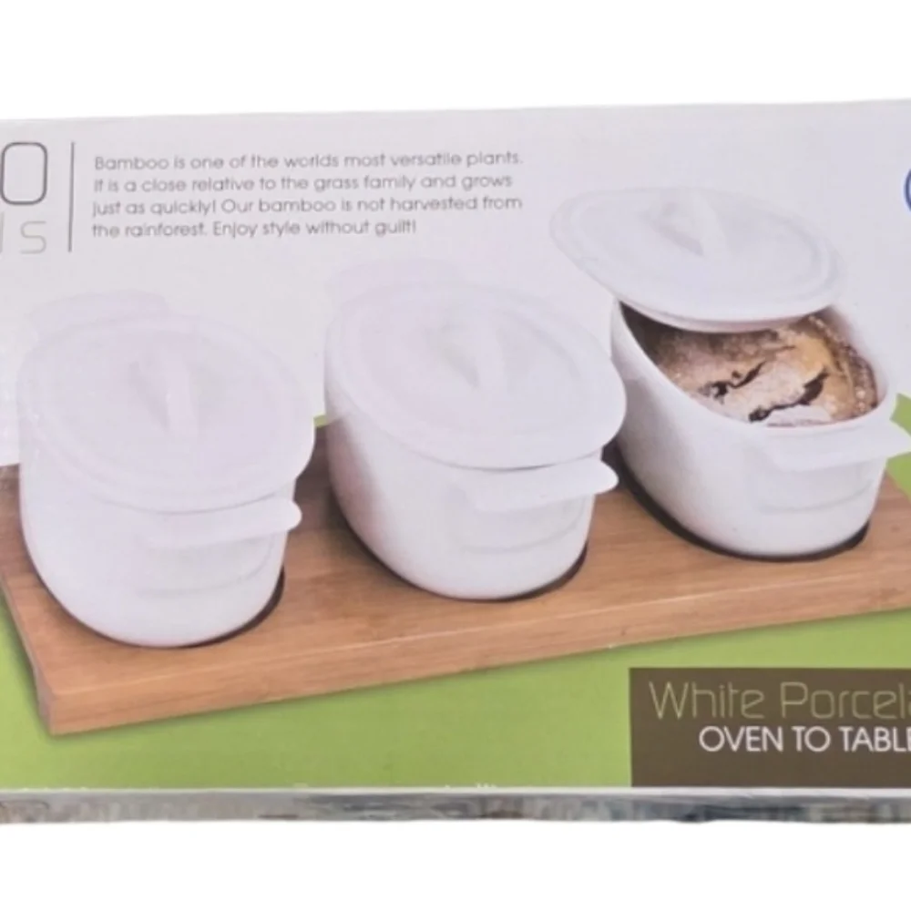 Bamboo essentials Set of 3 Porcelain Bakers with Lids On Bamboo Tray
